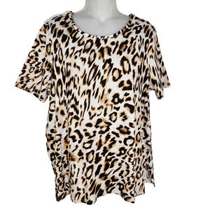 Chico's Top Women Size 1 Medium Cotton Slub Button Back Basic Knit Leopard Print